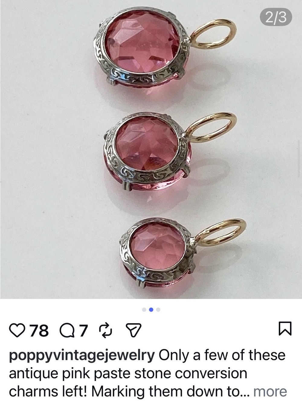 Art Deco era Pink paste stone charms set in silver with new 14k gold bail - Picture 8 of 12
